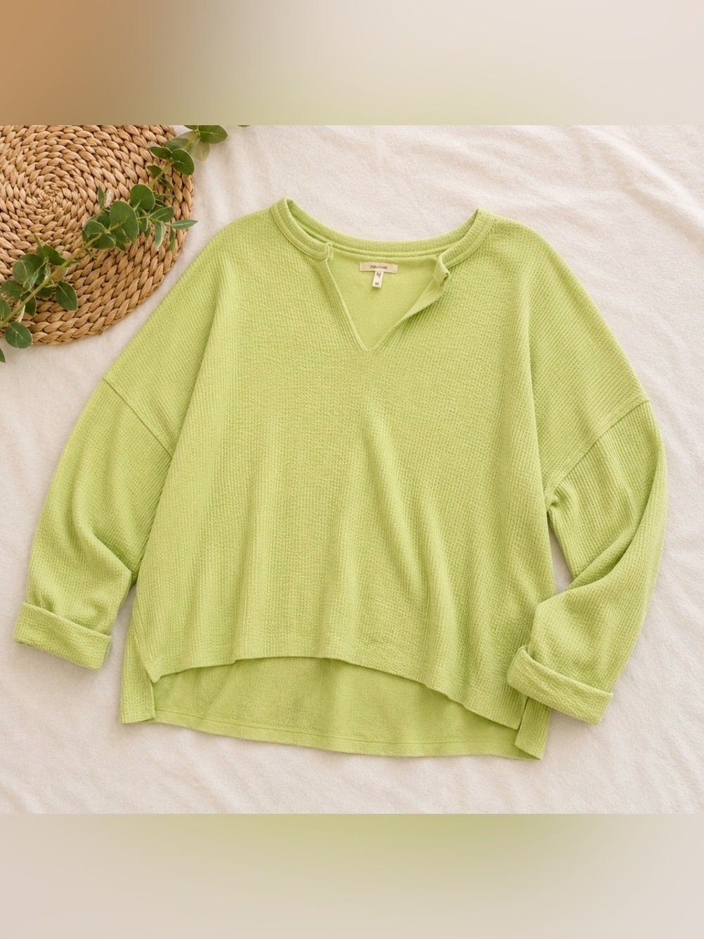 Maurices Soft Neon Green/Yellow Textured V-Neck High Low Top